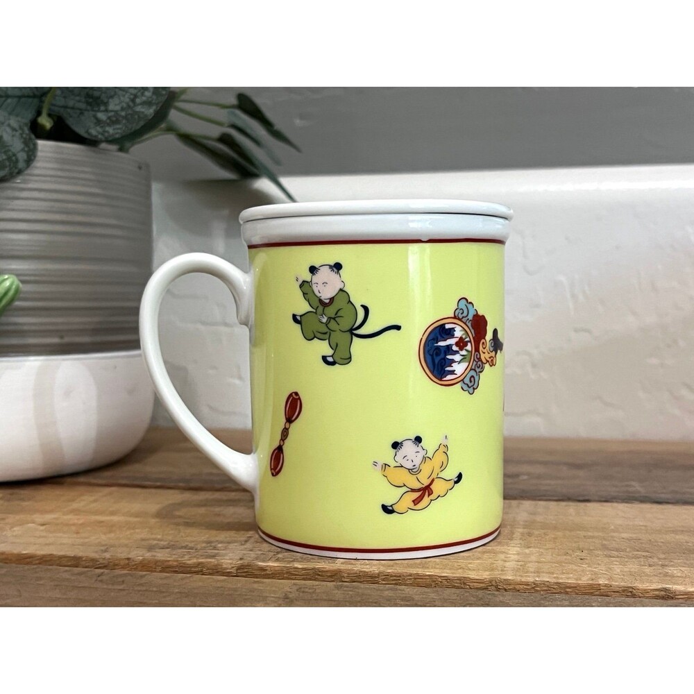 Vintage Narumi China Japan Lidded Tea Mug Children Playing Karako Motif 60’-70’s